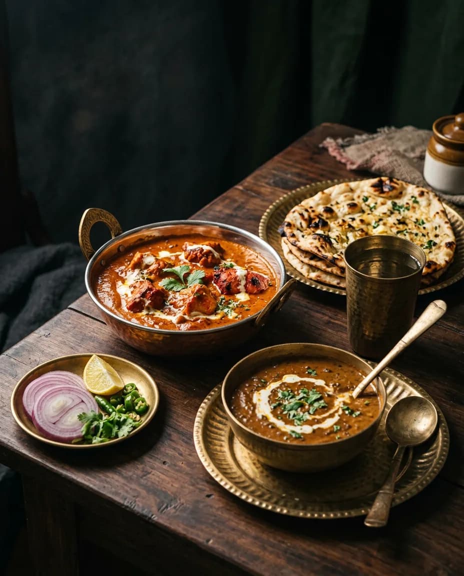 A shared spread of butter chicken, dal makhani, garlic naan and sliced onion on a dark wooden table