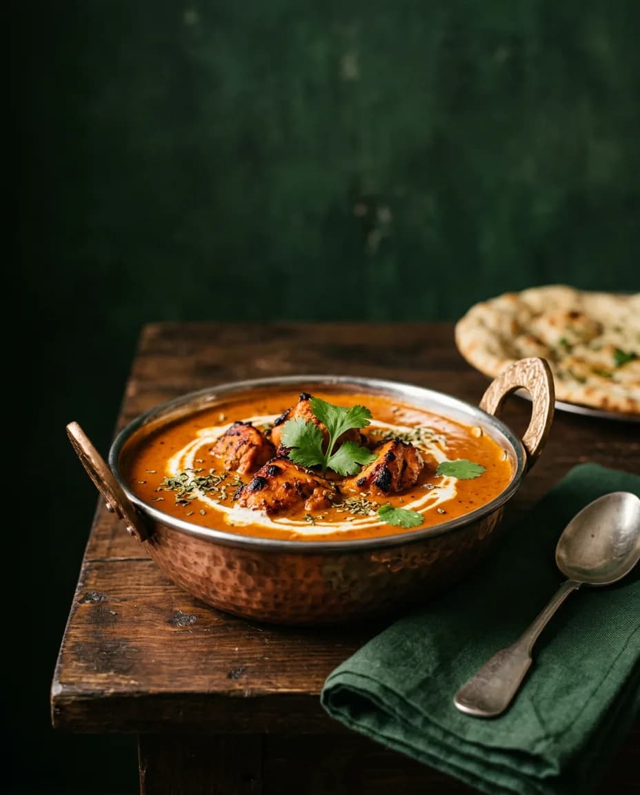 Butter chicken in a hammered copper kadai, finished with a swirl of cream and coriander