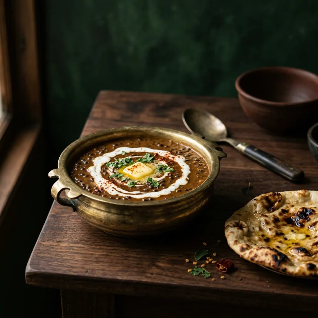 Dal makhani in a brass handi with a ribbon of cream and melting butter, beside tandoori roti
